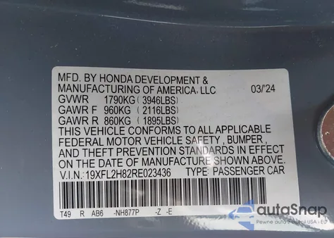 2024 Honda Civic Sport from USA, damaged, VIN 19XFL2H82RE023436